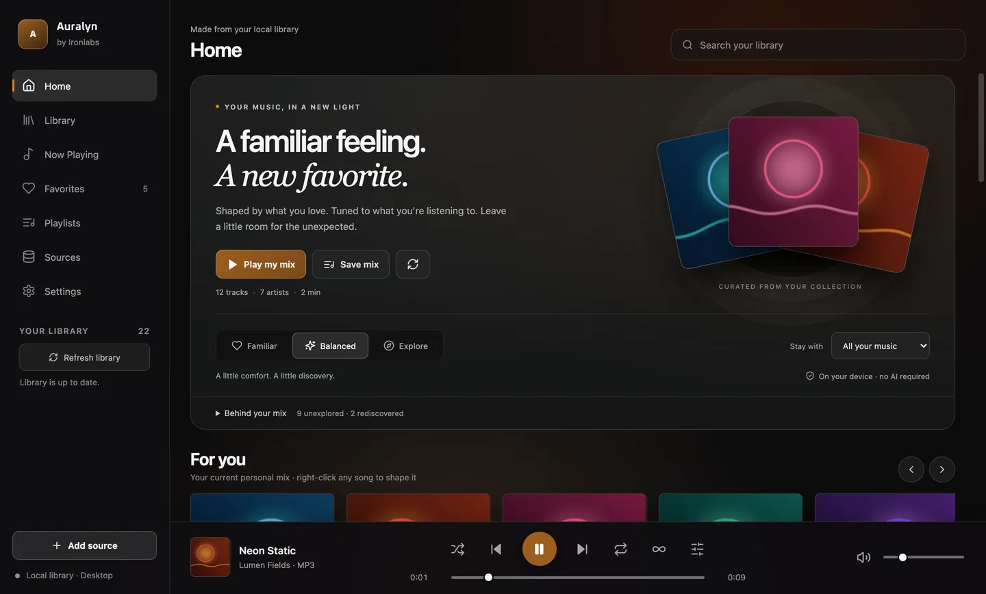 Auralyn's Home screen: a personal mix built from the local library, with Play my mix, the Familiar, Balanced and Explore choices, and the start of a row of album covers.