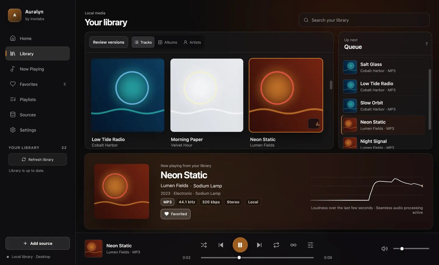 Auralyn's Library screen: song cards with cover art from local test music, the Up next queue, and the current song with its format details and a loudness line.