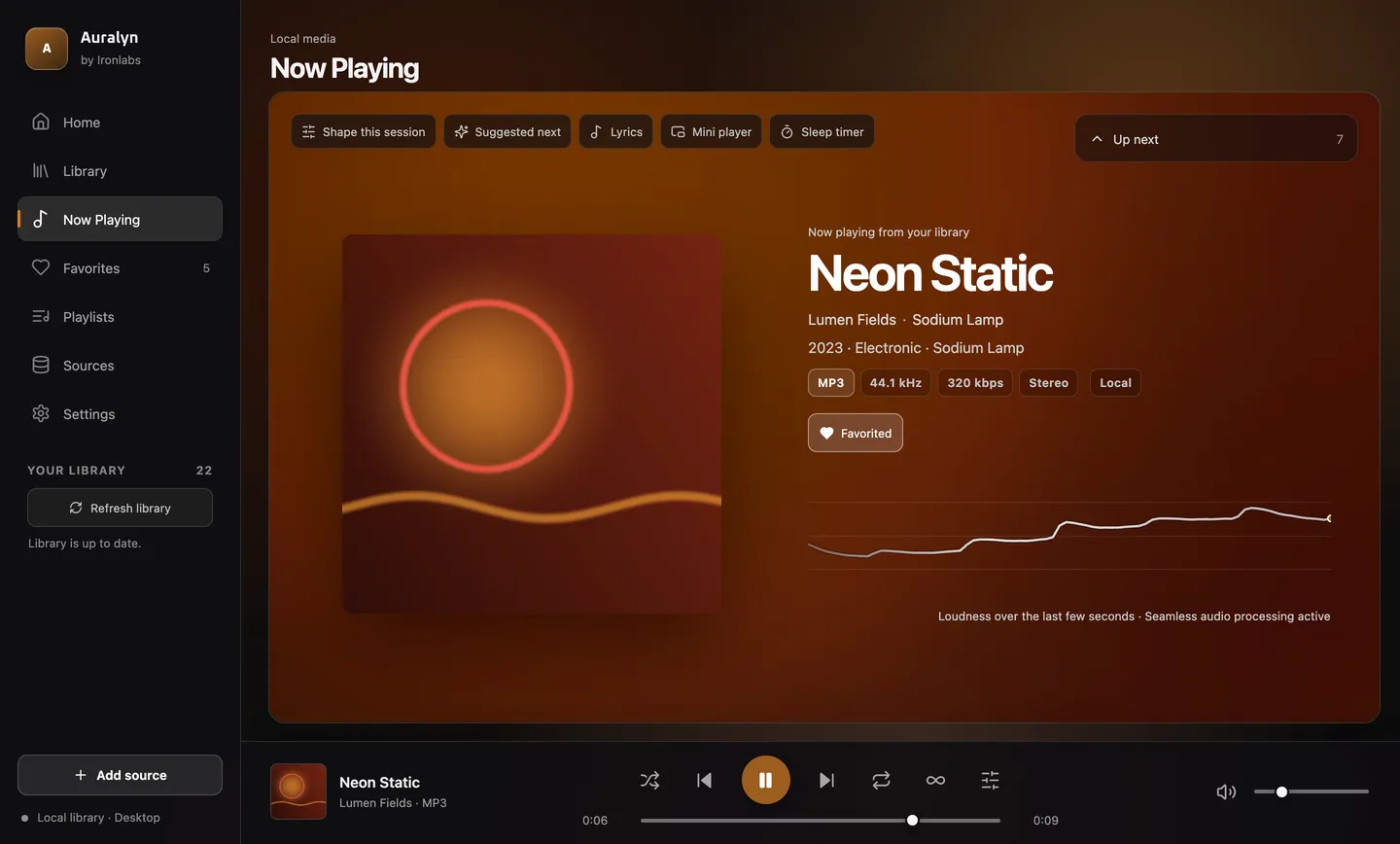Auralyn's Now Playing screen, its background tinted from the album cover, with a loudness line.